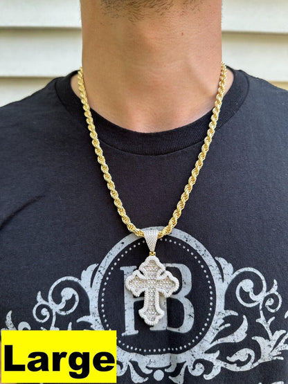 MOISSANITE Gothic Tupac Cross Pendant Iced Baguette Necklace 14k Gold Vermeil 925 Silver