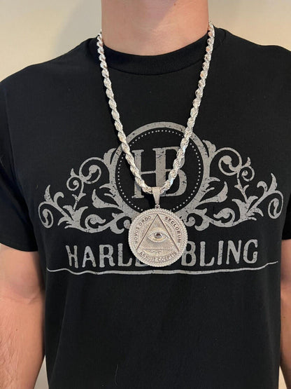MOISSANITE Huge 3" All Seeing Illuminati Eye Masonic Medallion Necklace Silver