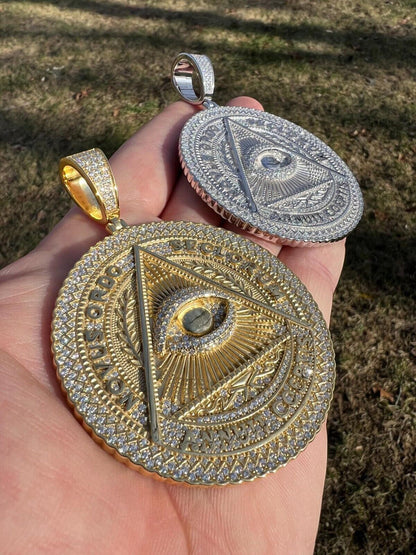 MOISSANITE Huge 3" All Seeing Illuminati Eye Masonic Medallion Necklace Silver