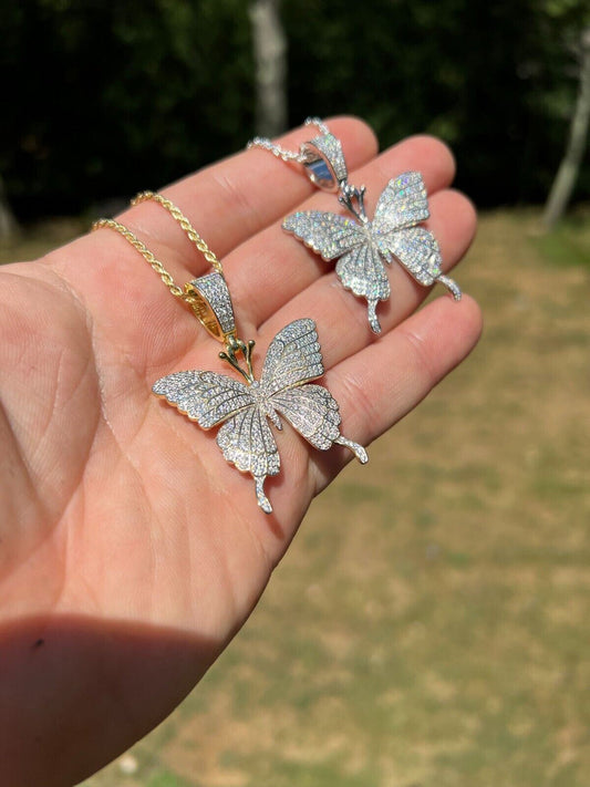 MOISSANITE Large Hip Hop Butterfly Iced Real 925 Silver / Gold Plated Necklace