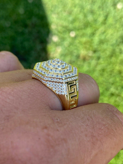 MOISSANITE Octagonal Greek Gods Iced Out Ring - 14k Gold Vermeil 925 Silver