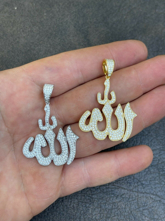 MOISSANITE Real 925 Silver/ Gold Allah Islamic Pendant Iced Pass Diamond Tester