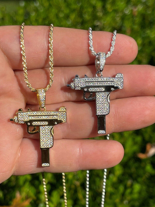 MOISSANITE Real 925 Silver/ Gold Uzi Gun Pendant Iced Pass Diamond Test Hip Hop
