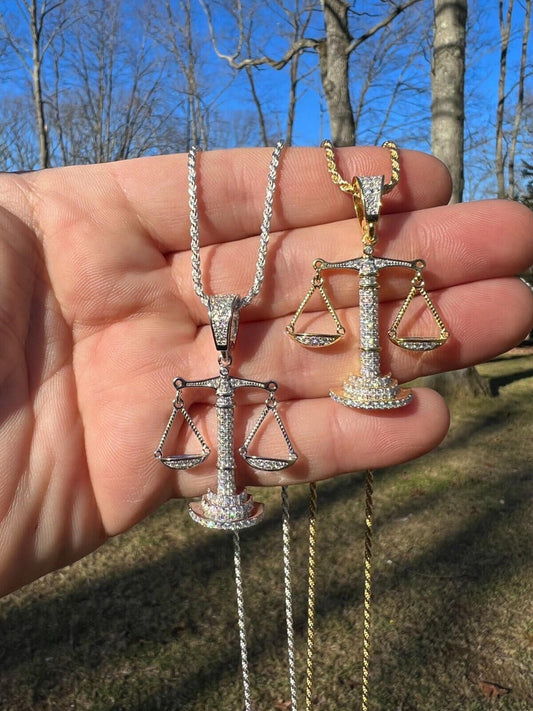 MOISSANITE Real Silver / Gold Libra Balanced Scale Necklace Pass Diamond Tester