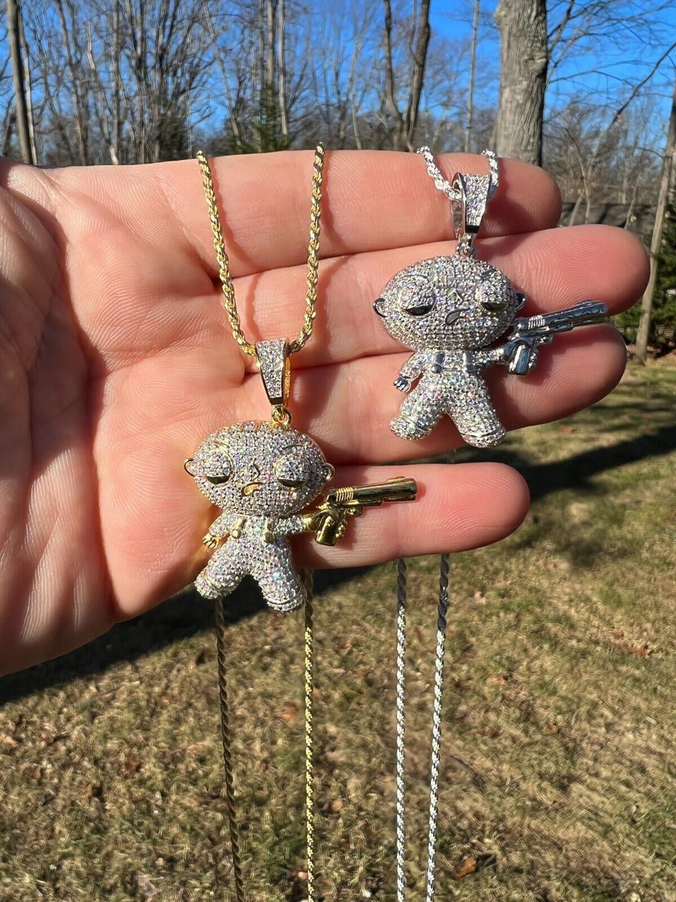 MOISSANITE Real Silver / Gold Stewie Griffin Family Guy Necklace Diamond Test ✅
