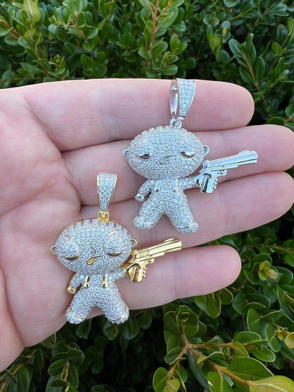 MOISSANITE Real Silver / Gold Stewie Griffin Family Guy Necklace Diamond Test ✅