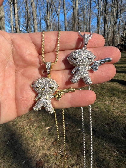 MOISSANITE Real Silver / Gold Stewie Griffin Family Guy Necklace Diamond Test ✅