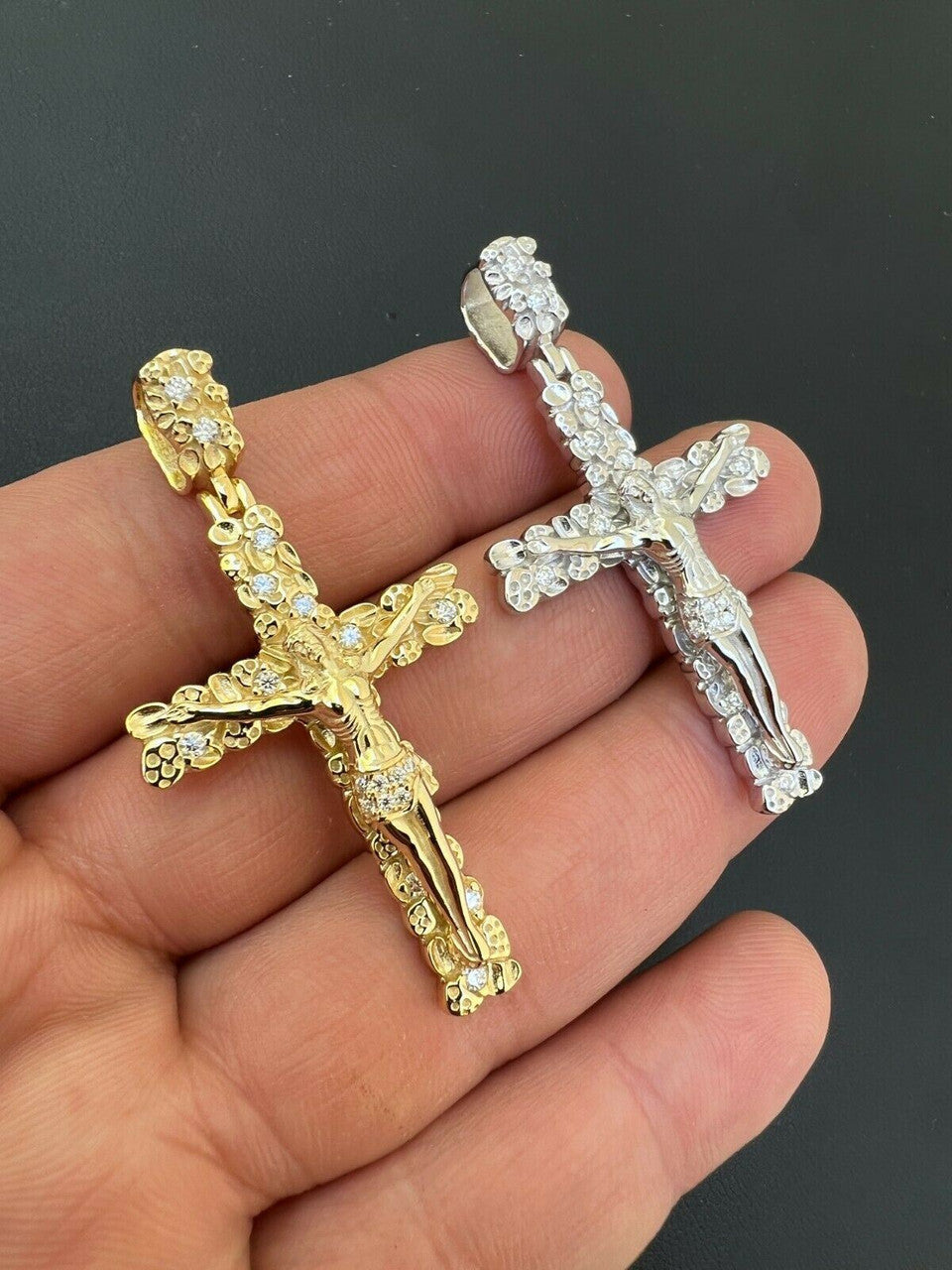 MOISSANITE Silver Gold Real Iced Nugget Jesus On Cross Pendant Pass Diamond Test