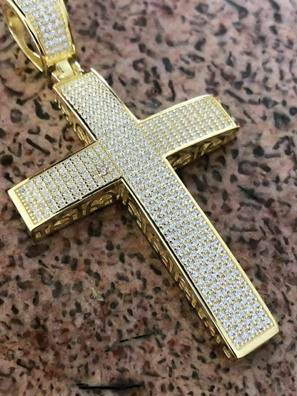 Men’s 14k Yellow Gold Over Solid 925 Silver Large Cross Real MOISSANITE 2x1.5”