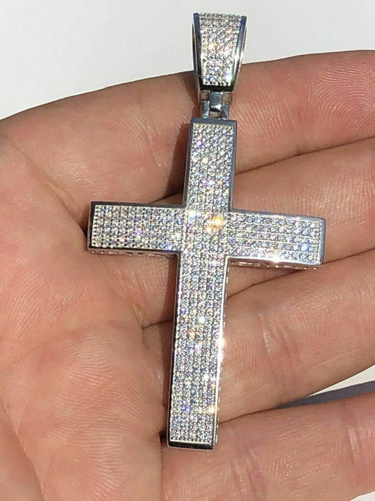 Men’s Real Solid 925 Silver Large Iced Cross 3ct Diamonds 2x1.5” Hip Hop Pendant