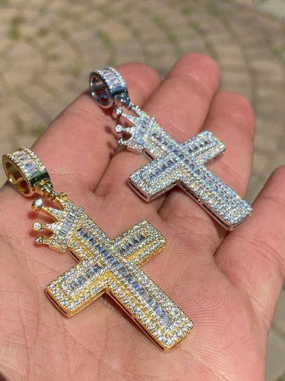 Mens 925 Sterling Baguette Diamond Cross W. King Crown Pendant Iced Gold Silver