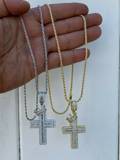 Mens 925 Sterling Baguette Diamond Cross W. King Crown Pendant Iced Gold Silver
