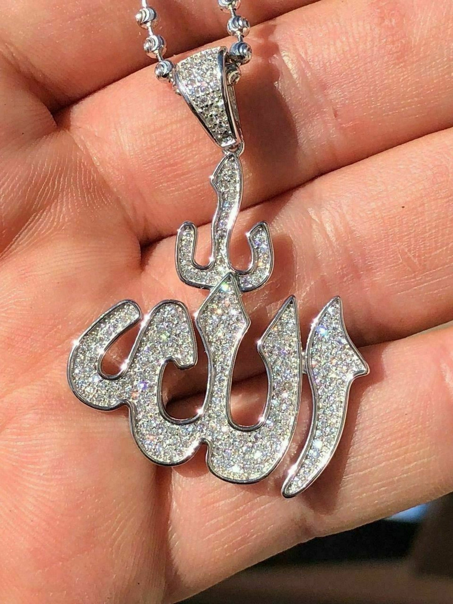 Mens Allah Islam Pendant 1ct Man Made Diamond Solid Sterling Silver 925 Diamond