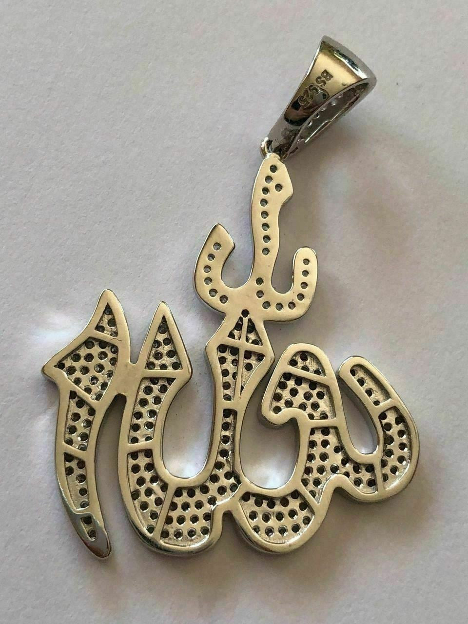 Mens Allah Islam Pendant 1ct Man Made Diamond Solid Sterling Silver 925 Diamond