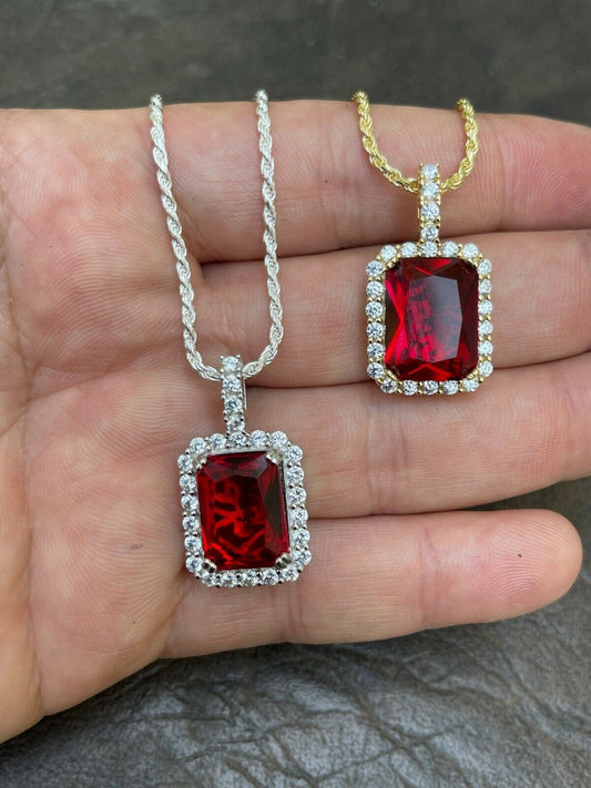 Mens Hip Hop Iced Moissanite & Ruby Pendant Necklace Real 925 Silver / 14k Gold