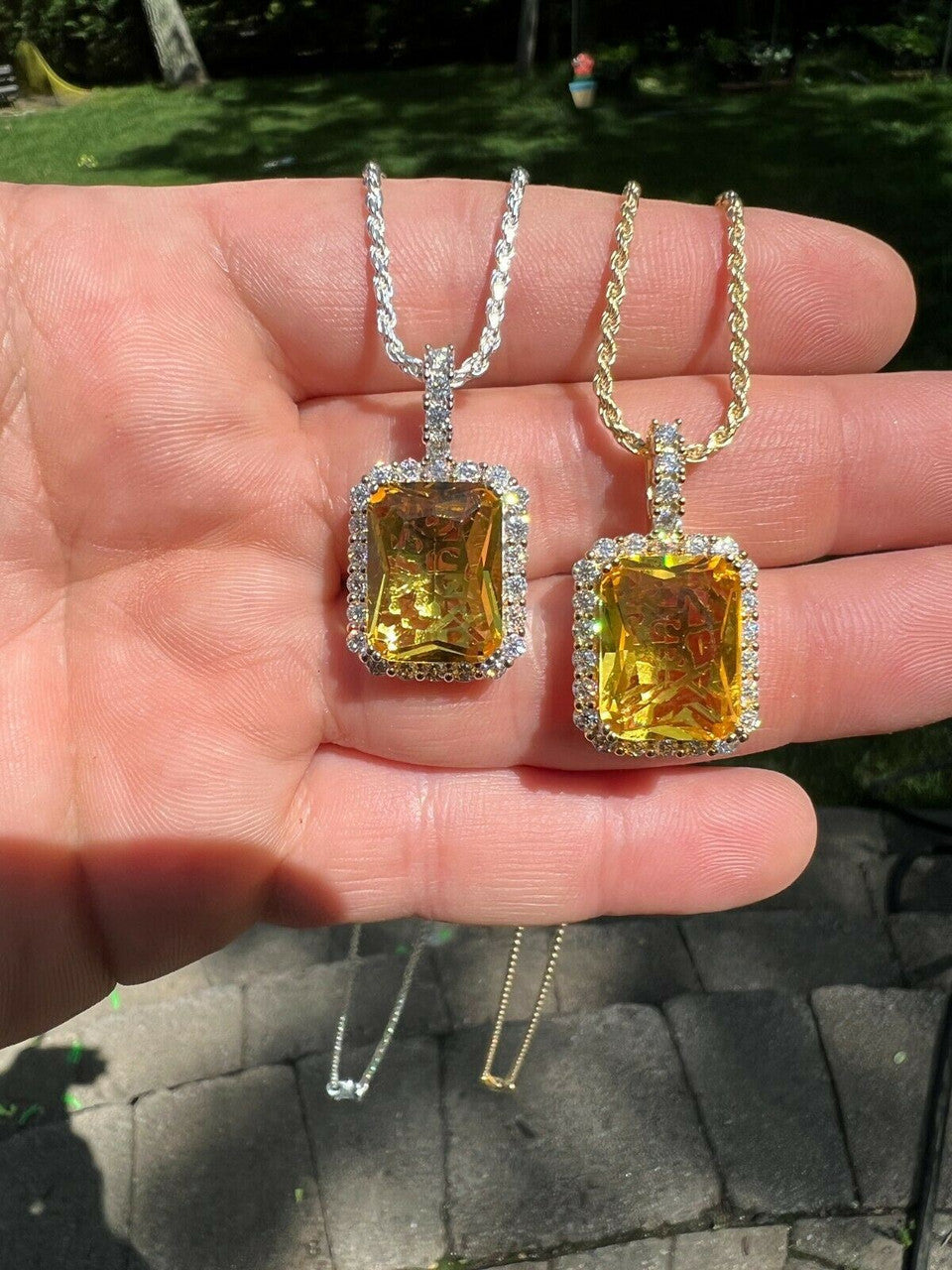 Mens Hip Hop Iced Moissanite & Yellow Simulated Canary Diamond Pendant Necklace