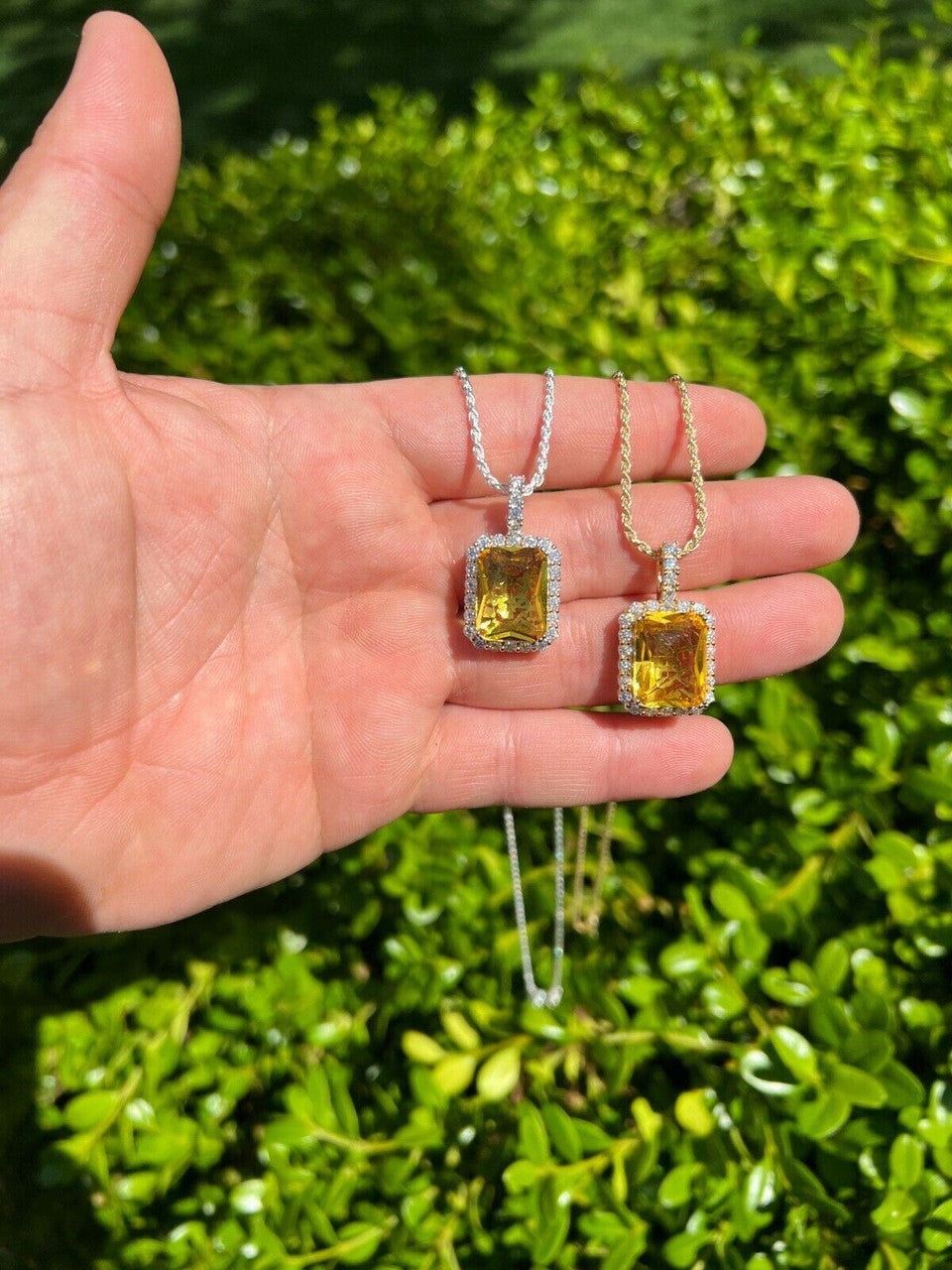 Mens Hip Hop Iced Moissanite & Yellow Simulated Canary Diamond Pendant Necklace