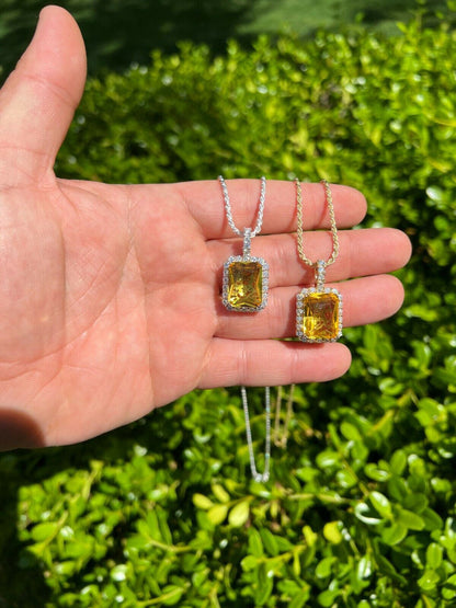 Mens Hip Hop Iced Moissanite & Yellow Simulated Canary Diamond Pendant Necklace