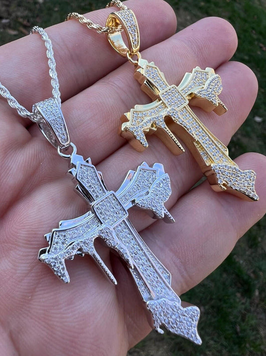 Mens MOISSANITE Real 925 Silver Gold Plated Dripping Cross Iced Pendant Necklace