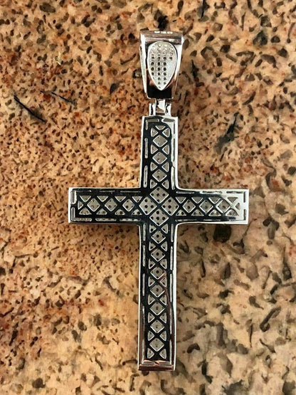 Mens Solid 925 Silver Cross Pendant Real ICED 3ct Diamond 14k Gold W. Rope Chain