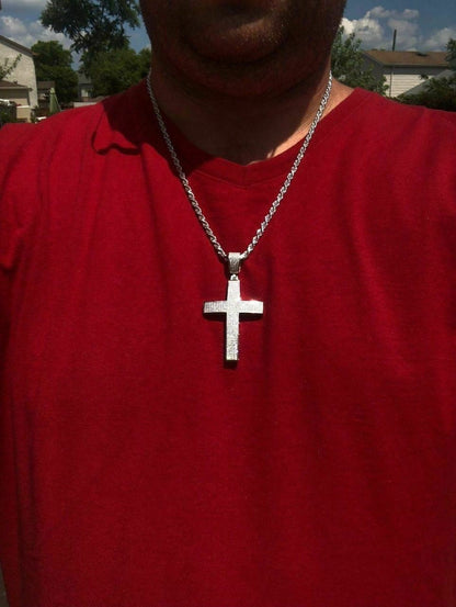 Mens Solid 925 Silver Cross Pendant Real ICED 3ct Diamond 14k Gold W. Rope Chain