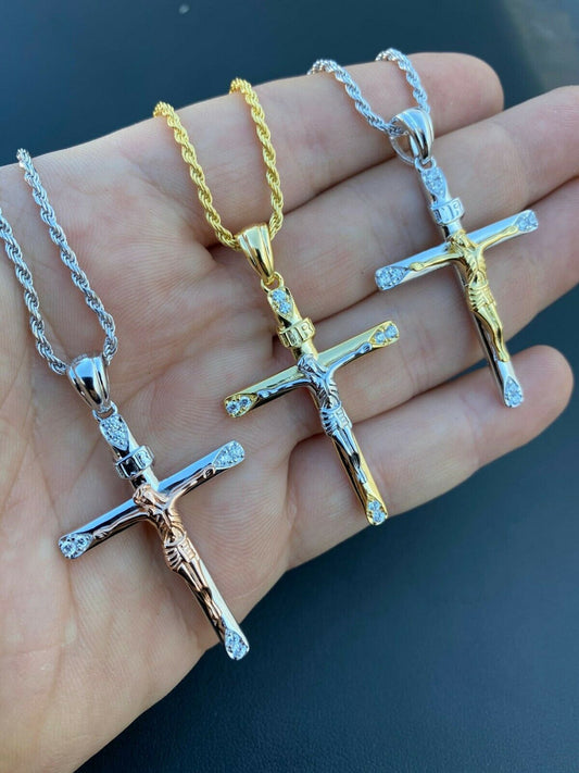 Mens Solid 925 Silver Cross W. Jesus Pendant Yellow Or Rose Gold Finish Necklace