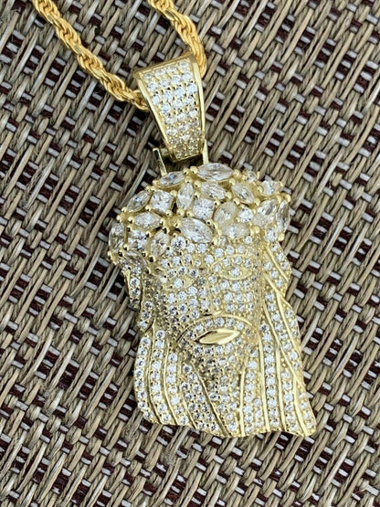 Mens Solid 925 Sterling Silver Jesus Piece Real Iced Bust Down Yellow Rose Gold