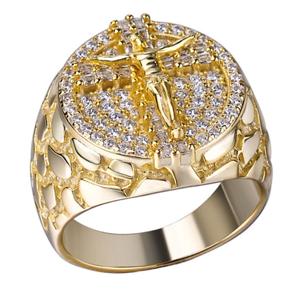 Moissanite Jesus On Cross Nugget Ring - 14k Gold Vermeil 925 Silver