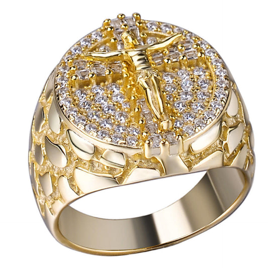 Moissanite Jesus On Cross Nugget Ring - 14k Gold Vermeil 925 Silver