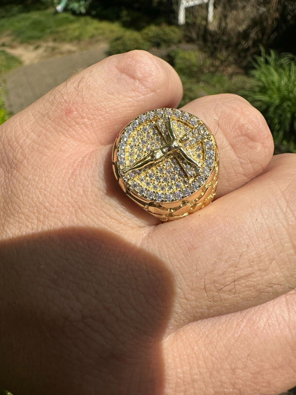 Moissanite Jesus On Cross Nugget Ring - 14k Gold Vermeil 925 Silver