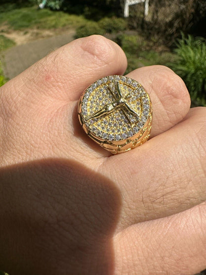 Moissanite Jesus On Cross Nugget Ring - 14k Gold Vermeil 925 Silver