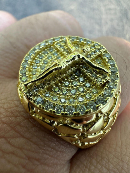 Moissanite Jesus On Cross Nugget Ring - 14k Gold Vermeil 925 Silver