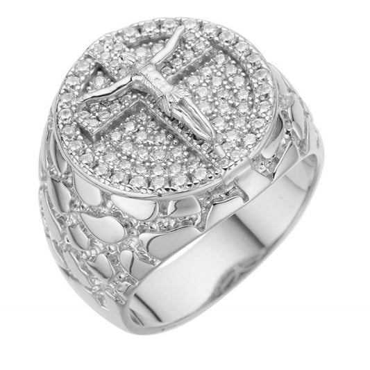 Moissanite Jesus On Cross Nugget Ring - 925 Silver