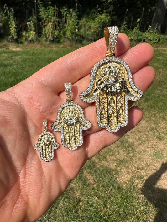 Real 14k Gold & 925 Sterling Silver Hamsa Evil Eye Hand Iced MOISSANITE Pendant