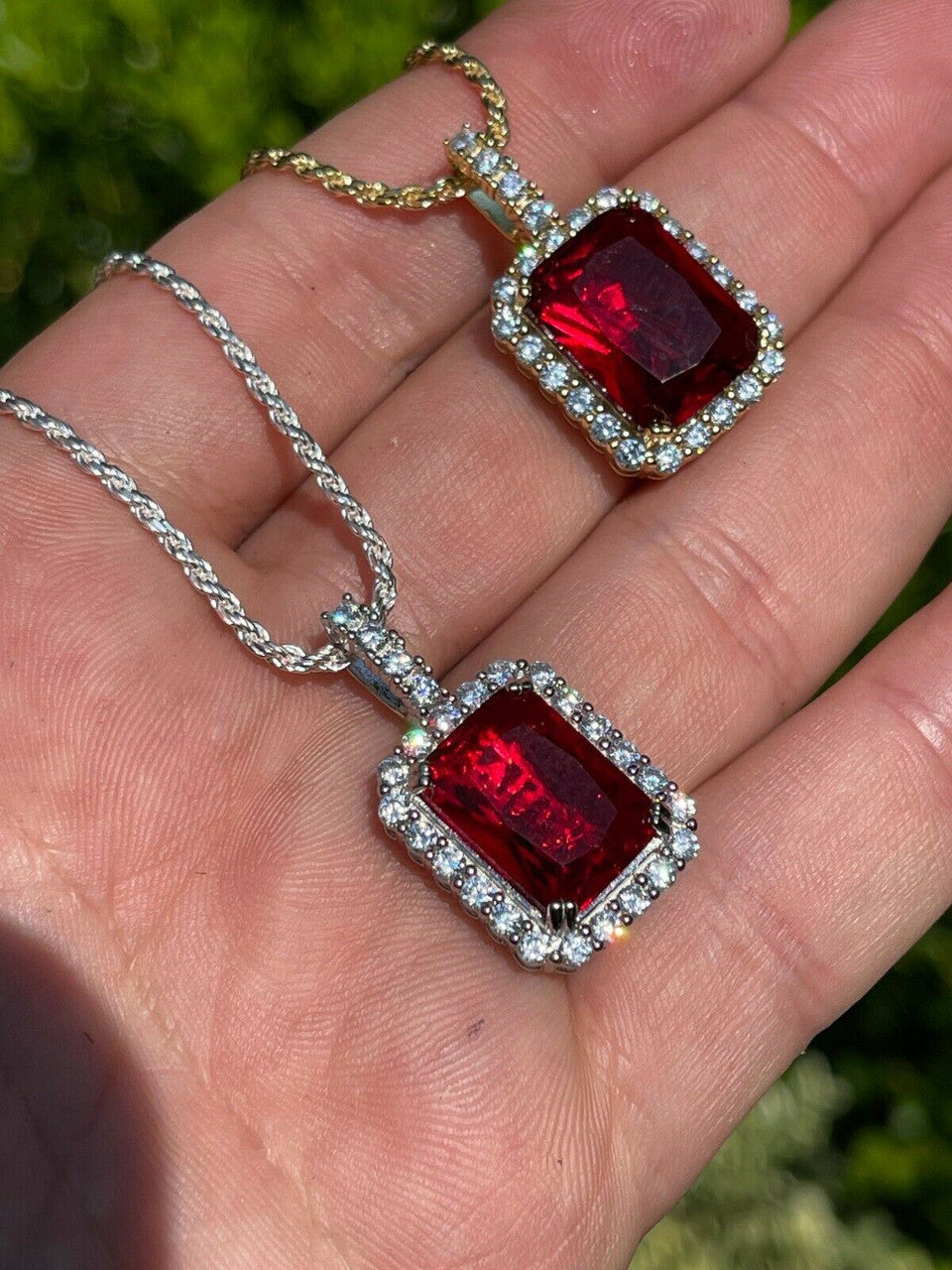 Real 925 Silver / 14k Gold Mens Ruby Necklace Iced Out