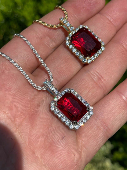 Real 925 Silver / 14k Gold Mens Ruby Necklace Iced Out