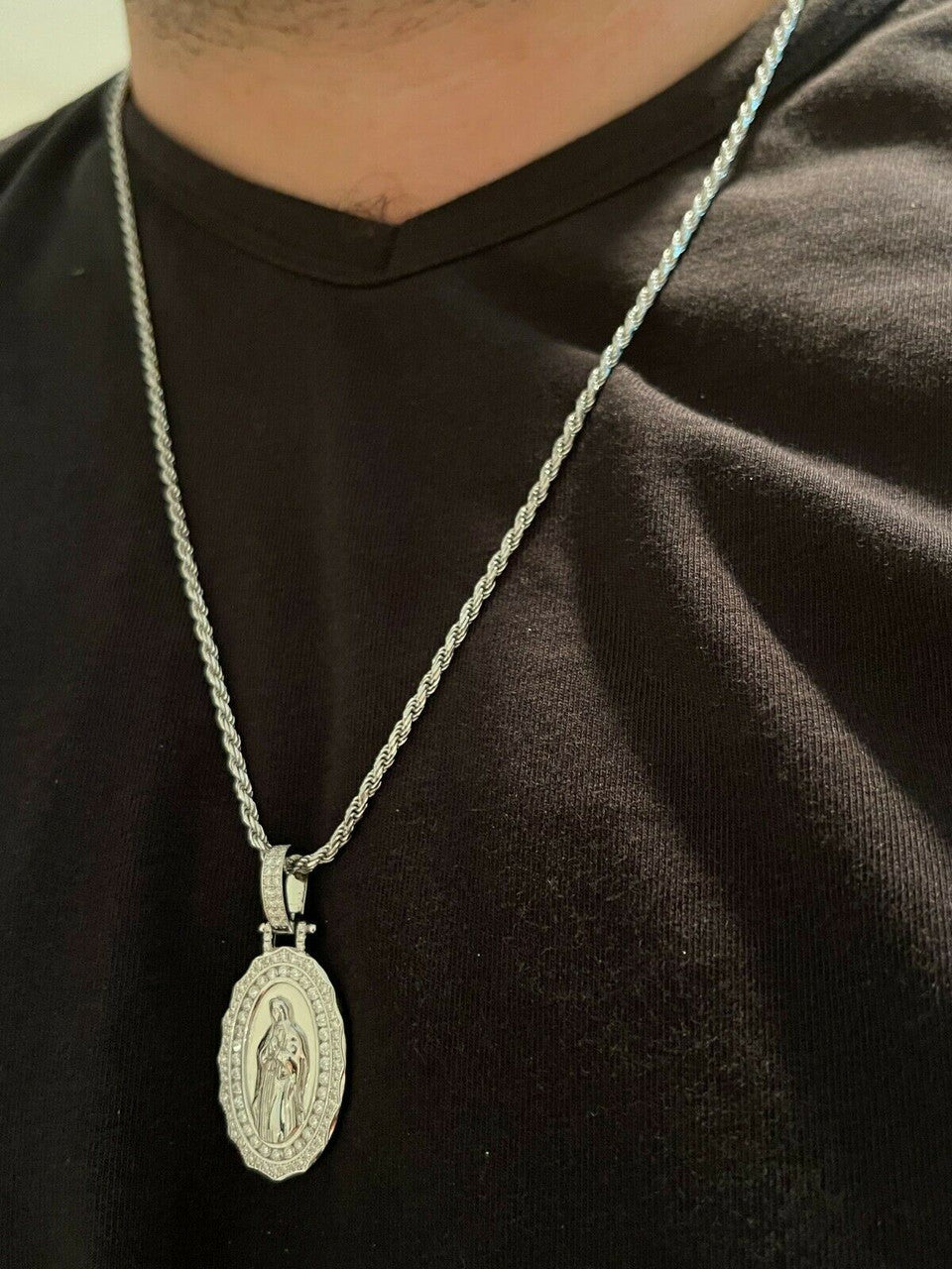 Real 925 Silver / Gold MOISSANITE Virgin Mary Necklace Pendant Iced Medallion
