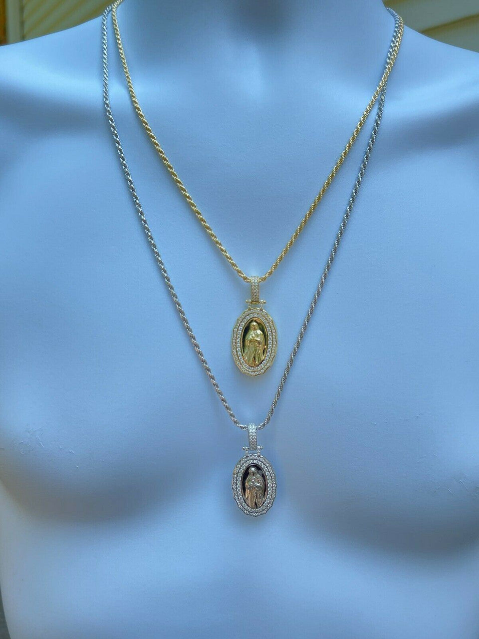 Real 925 Silver / Gold MOISSANITE Virgin Mary Necklace Pendant Iced Medallion