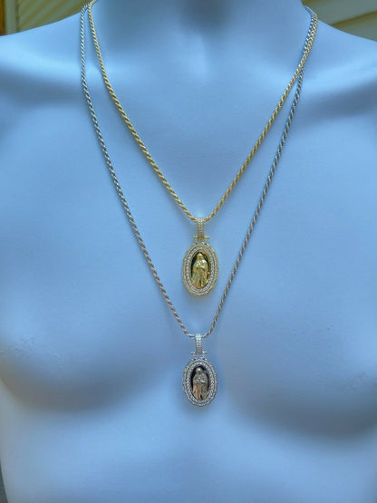 Real 925 Silver / Gold MOISSANITE Virgin Mary Necklace Pendant Iced Medallion