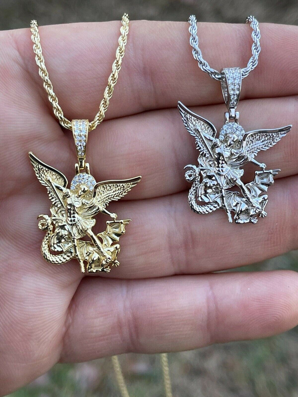 Real 925 Silver Saint Michael Archangel Necklace Pendant Necklace Gold Hip Hop