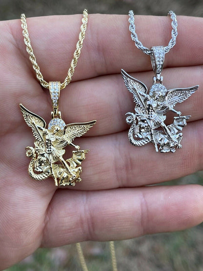 Real 925 Silver Saint Michael Archangel Necklace Pendant Necklace Gold Hip Hop