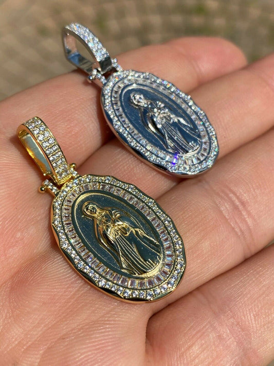 Real 925 Sterling Silver - Virgin Mary Necklace Pendant Iced Baguette Medallion