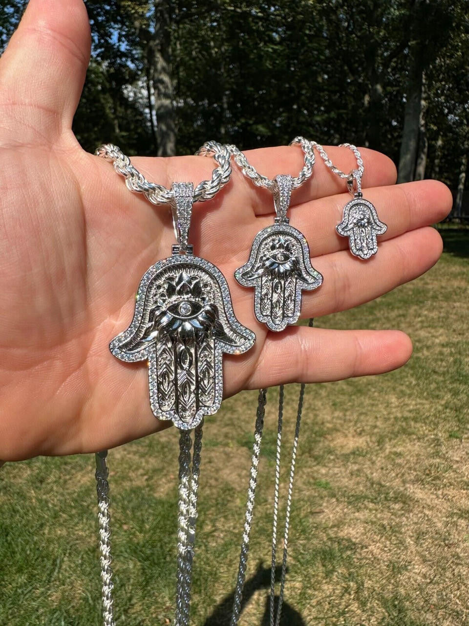 Real 925 Sterling Silver Hamsa Evil Eye Hand Iced MOISSANITE Pendant - 3 Sizes