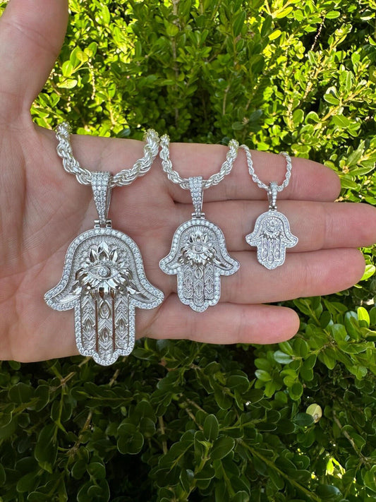 Real 925 Sterling Silver Hamsa Evil Eye Hand Iced MOISSANITE Pendant - 3 Sizes