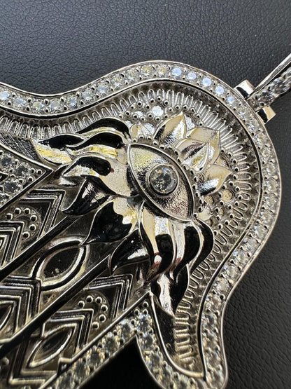 Real 925 Sterling Silver Hamsa Evil Eye Hand Iced MOISSANITE Pendant - 3 Sizes