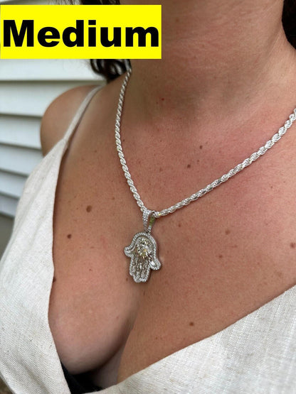 Real 925 Sterling Silver Hamsa Evil Eye Hand Iced MOISSANITE Pendant - 3 Sizes