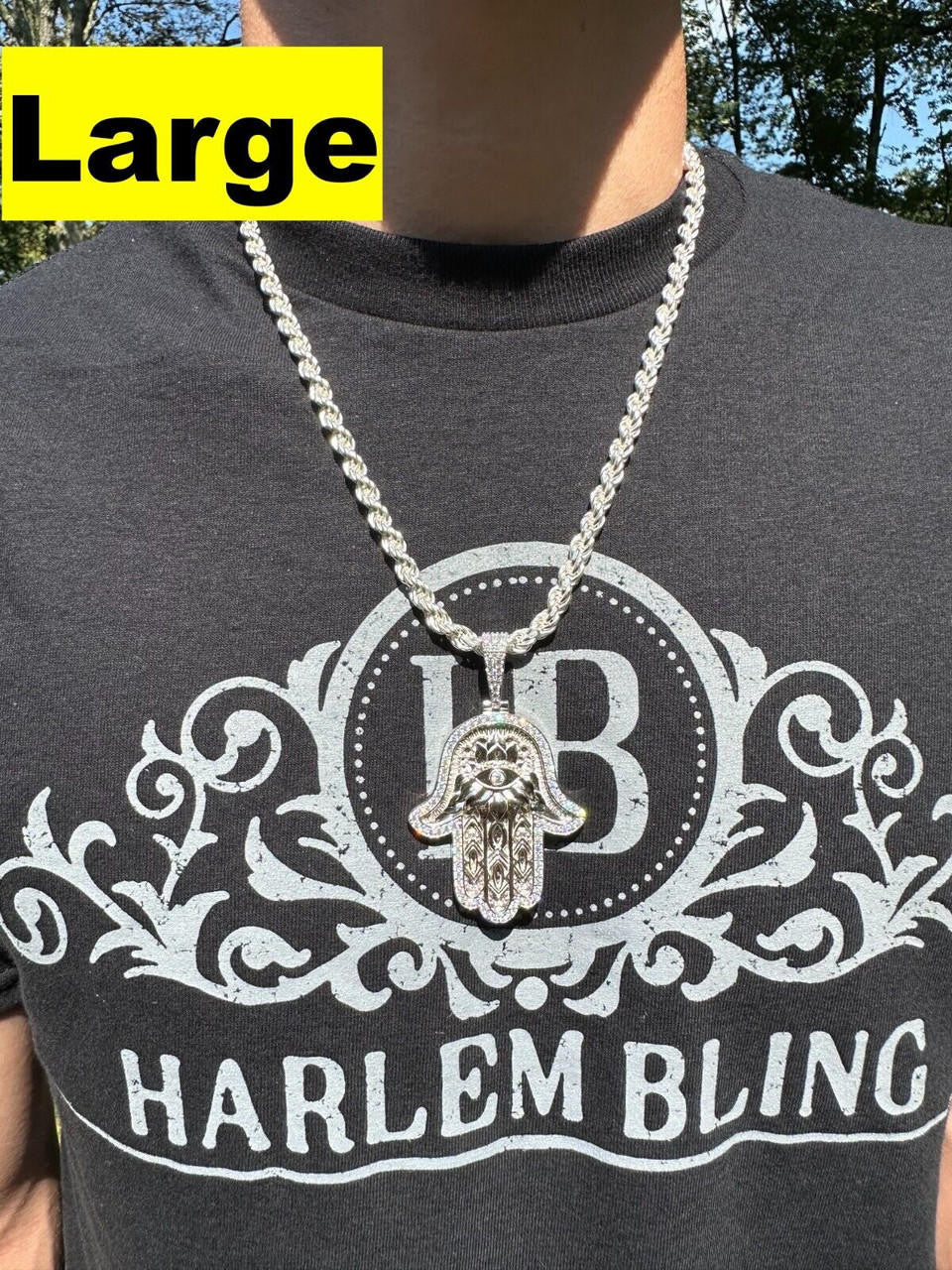 Real 925 Sterling Silver Hamsa Evil Eye Hand Iced MOISSANITE Pendant - 3 Sizes