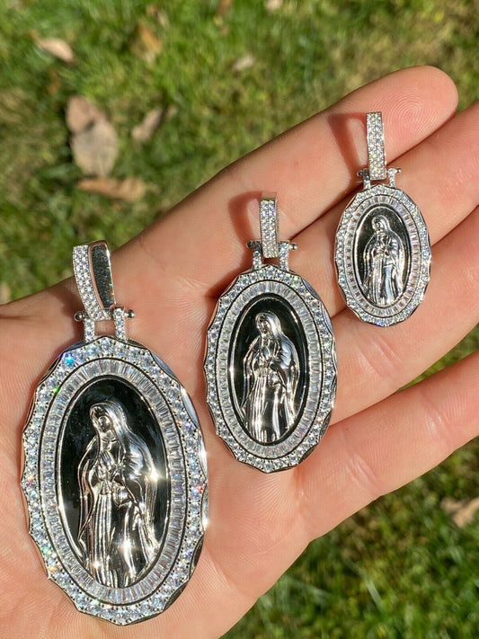 Real 925 Sterling Silver Virgin Mary Necklace Pendant Iced Diamond Medallion Men