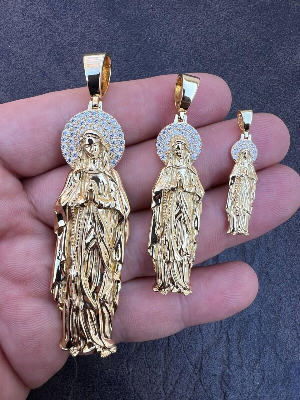 Real MOISSANITE 925 Silver 14k Gold Plated Virgin Mary Pendant Iced Necklace