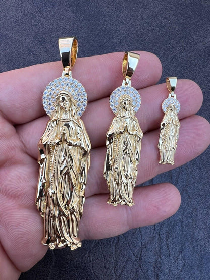 Real MOISSANITE 925 Silver 14k Gold Plated Virgin Mary Pendant Iced Necklace